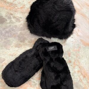 UGG Black Fur Mittens and Hat Set